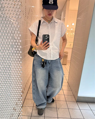 Washed balloon denim pants