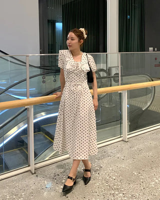 Polka Dot Frill Short Sleeve Long Dress