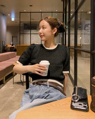 Two-tone boucle short-sleeved knit