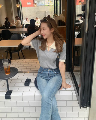 Cable bicolor short-sleeved knit