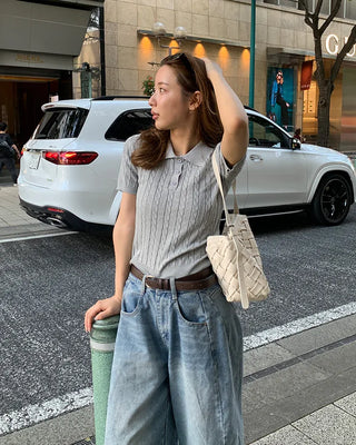 Cable knit slim-fit short-sleeve knit