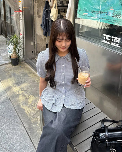 Stand-collar pleated short-sleeved blouse