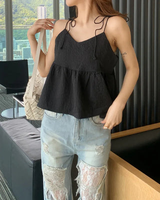 Ribbon strap shirred blouse