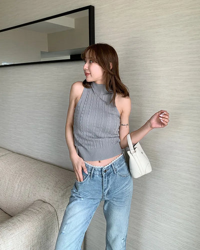 Cable Mock Neck Sleeveless Knit