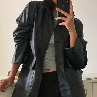 Loose-fit leather mid-length coat jacket