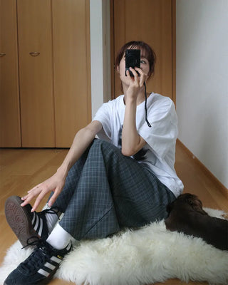 Waist string check long skirt