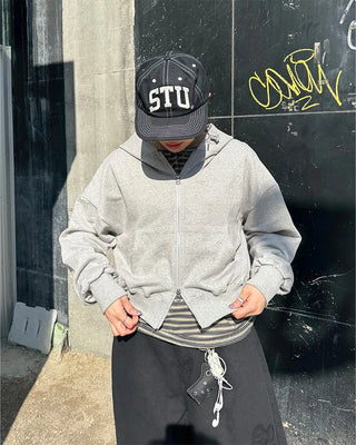 Cropped double-zip hoodie