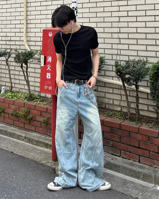 Curved silhouette denim pants