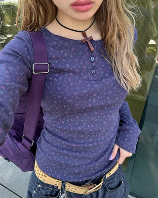 Flower Henley Neck Pointelle Long T-Shirt