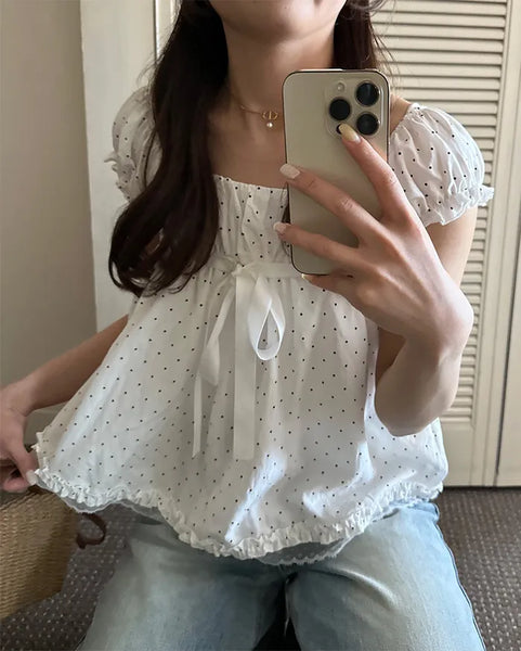 Polka Dot Ribbon Half Blouse