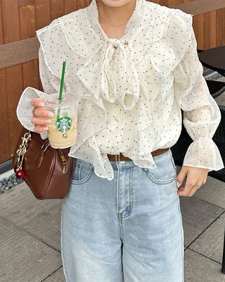 Polka Dot Ribbon Tie Frill Chiffon Blouse