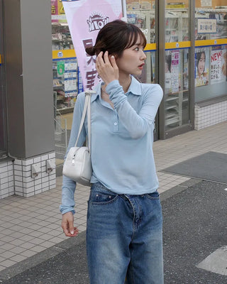 Button-collar long-sleeve T-shirt