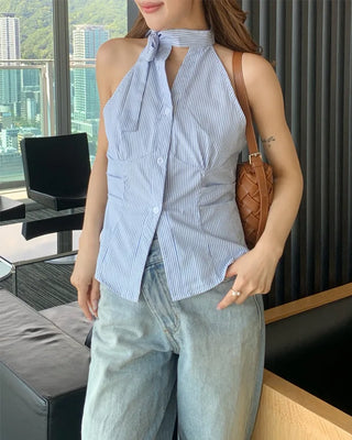 Striped gathered halter neck blouse