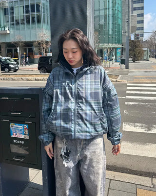 (Unisex) Check Hooded Wind Jacket