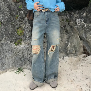 Distressed wide-leg denim pants