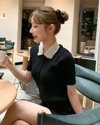 Pearl-embellished color-accented short-sleeved knit