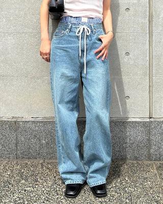 Straight-leg denim pants with string waistband