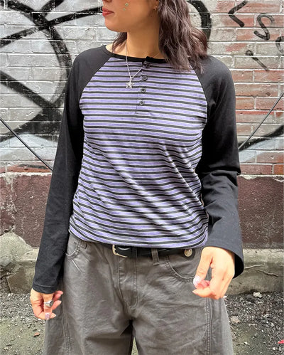 Striped Henley Neck Raglan Long T-Shirt