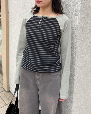 Striped Henley Neck Long T-Shirt