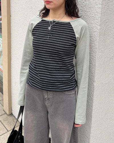 Striped Henley Neck Long T-Shirt