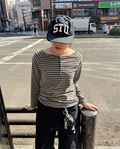 Striped Button Long T-Shirt