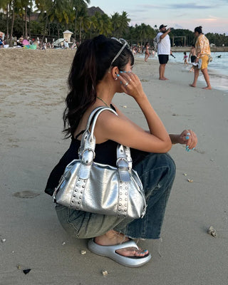 Studded belt leather tote bag