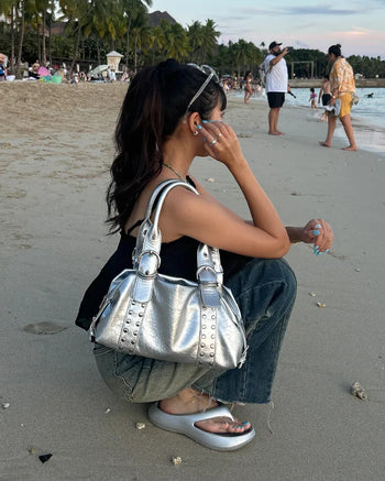 Studded belt leather tote bag