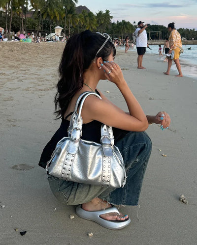 Studded belt leather tote bag