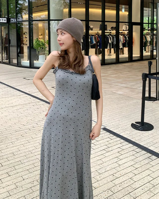Cap-attached polka dot camisole long dress