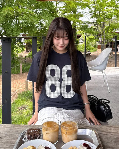 (Unisex) Number Patch Work Loose Fit Short Sleeve T-Shirt
