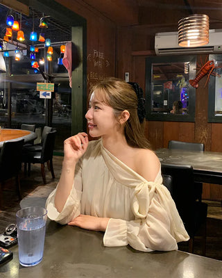 Chiffon Shirring Asymmetrical Ribbon Blouse