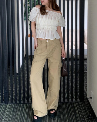 Beige pocket cotton wide-leg pants