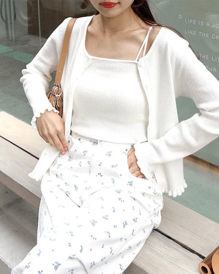 Knit frill camisole & cardigan set