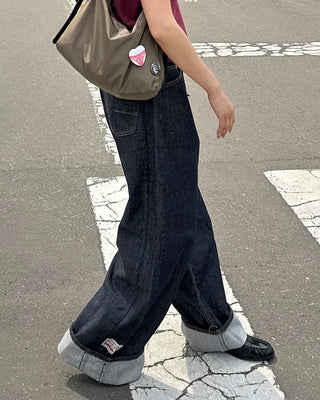 Rolled-up wide-leg denim