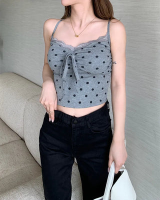 Cup-attached polka dot ribbon camisole