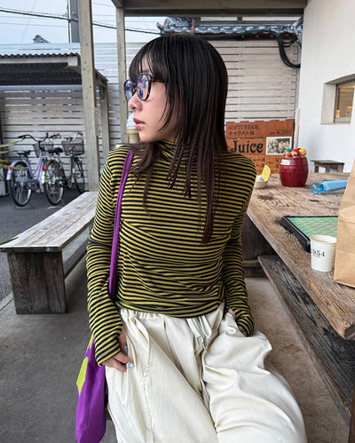 High-neck striped long-sleeved T-shirt