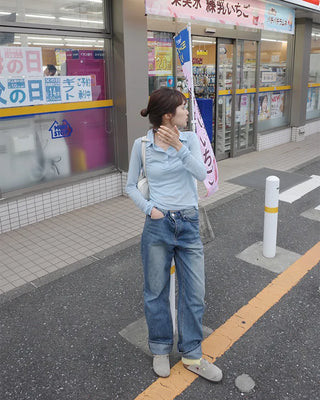 Button-collar long-sleeve T-shirt