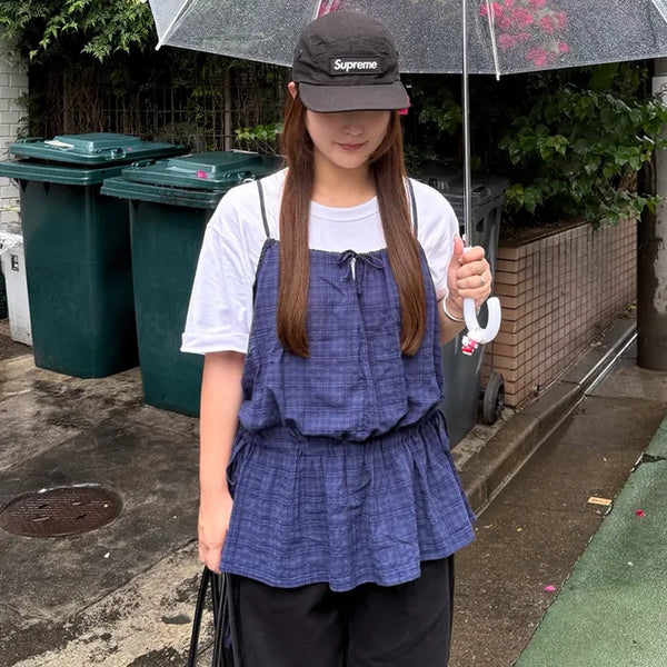 Checked sleeveless shirred blouse