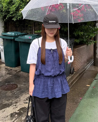 Checked sleeveless shirred blouse