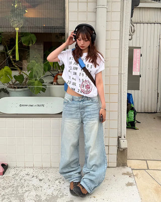 Washed double-pocket wide-leg denim