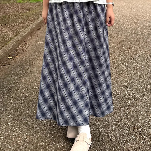 Checked elastic waist string long skirt