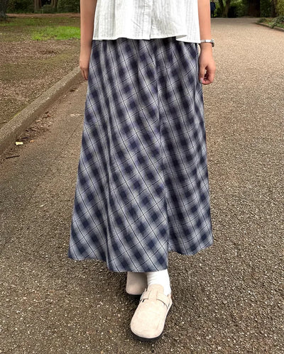 Checked elastic waist string long skirt