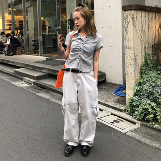 Cropped check shirred shirt