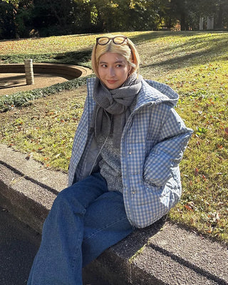 Gingham check hooded faux down jacket