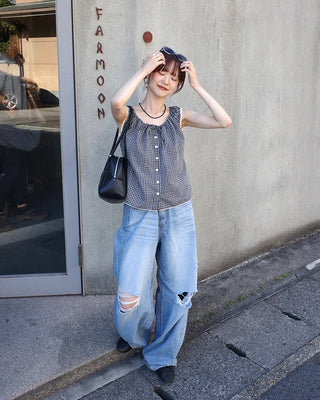 Distressed wide-leg denim pants