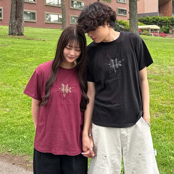 (Unisex) Check Vintage Star Patch Short Sleeve T-Shirt