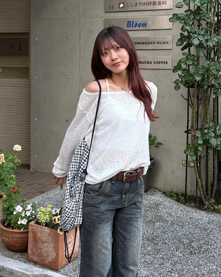 2-way loose sheer summer knit T-shirt