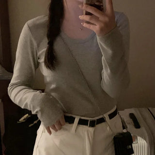 Fleece-lined U-neck long-sleeved T-shirt
