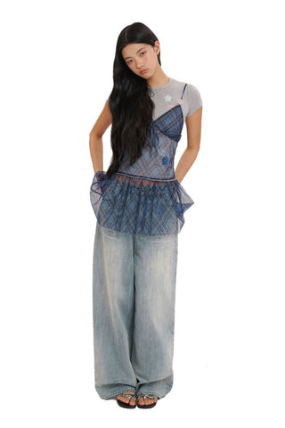 [Moromoro2] Rhinestone Bow Embroidered  Denim