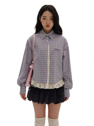 [Moromoro2] Layered Lace Hem Plaid Embroidered  Shirt